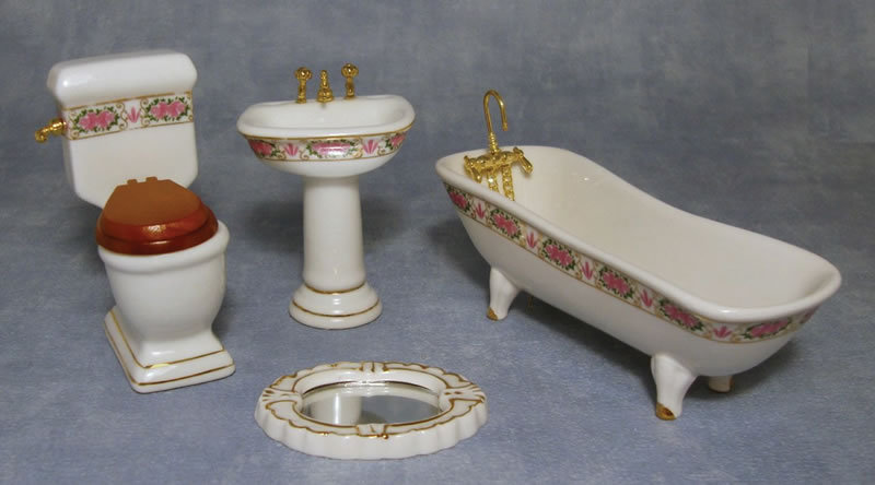 Badezimmer Rosendekor  Porzellan Ausstattung 4 Teile Puppenmöbel 1:12 
